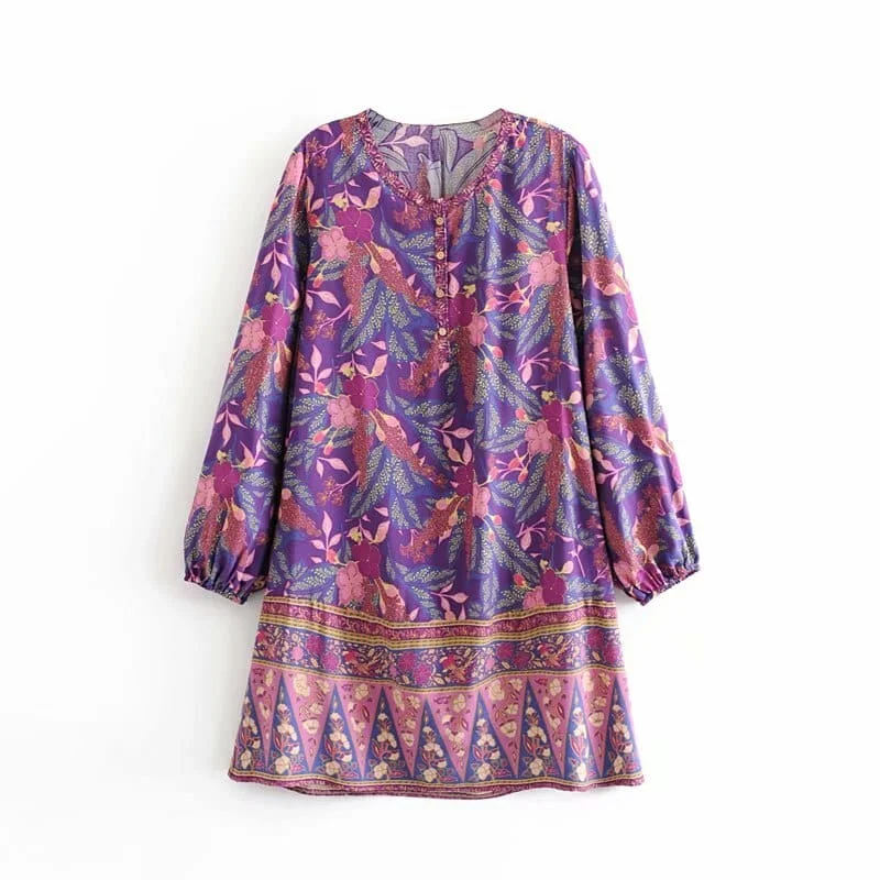 Ariba Long Sleeve Mini Dress in Purple Elegant Mini Dress with Pleats