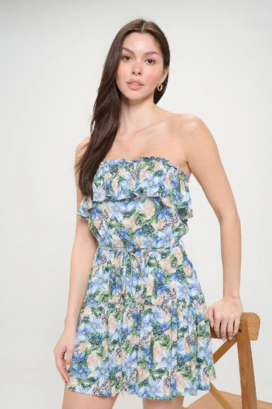 Berry Flower Ruffle Tube Top Mini Dress Chic Puff Sleeve Mini Dress