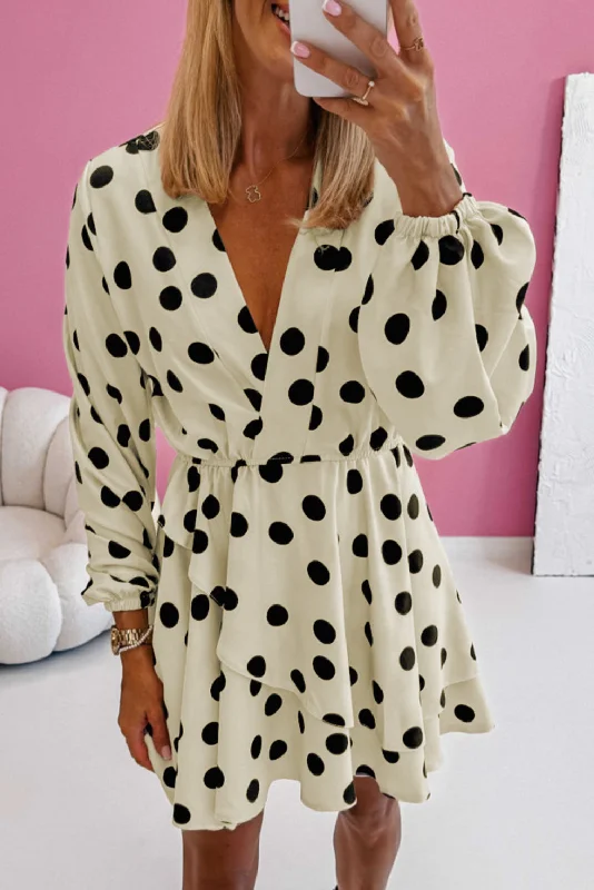 Blue Zone Planet |  Beige Polka Dot Printed Surplice V Neck Puff Sleeve Mini Dress