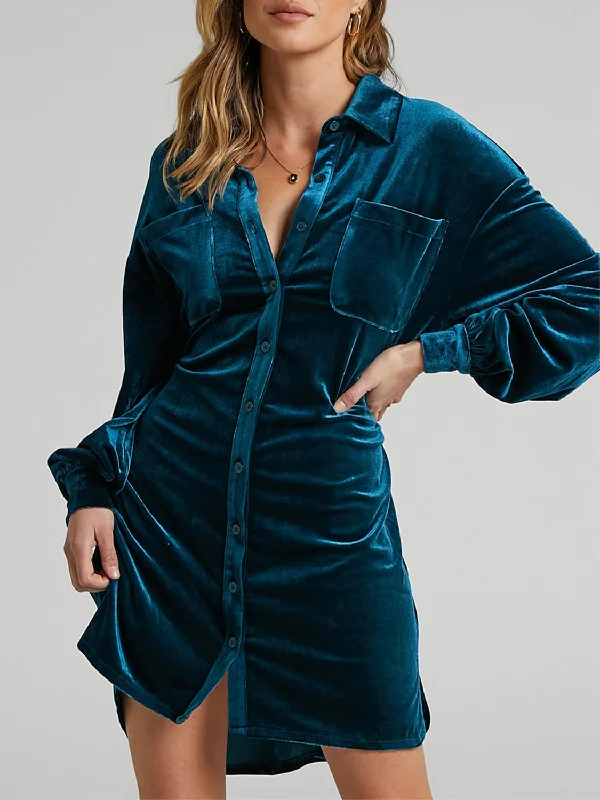 Blue Zone Planet |  Collared Neck Button Down Long Sleeve Mini Dress