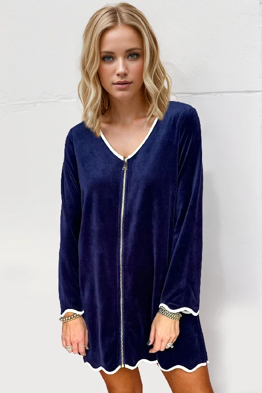 Blue Zone Planet |  Double Take Wave Contrast Trim V-Neck Zip Up Long Sleeve Mini Dress