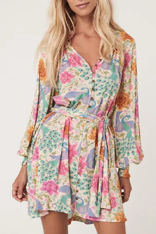 Blue Zone Planet |  Multicolour Floral Print Bubble Sleeve Buttoned V Neck Mini Dress