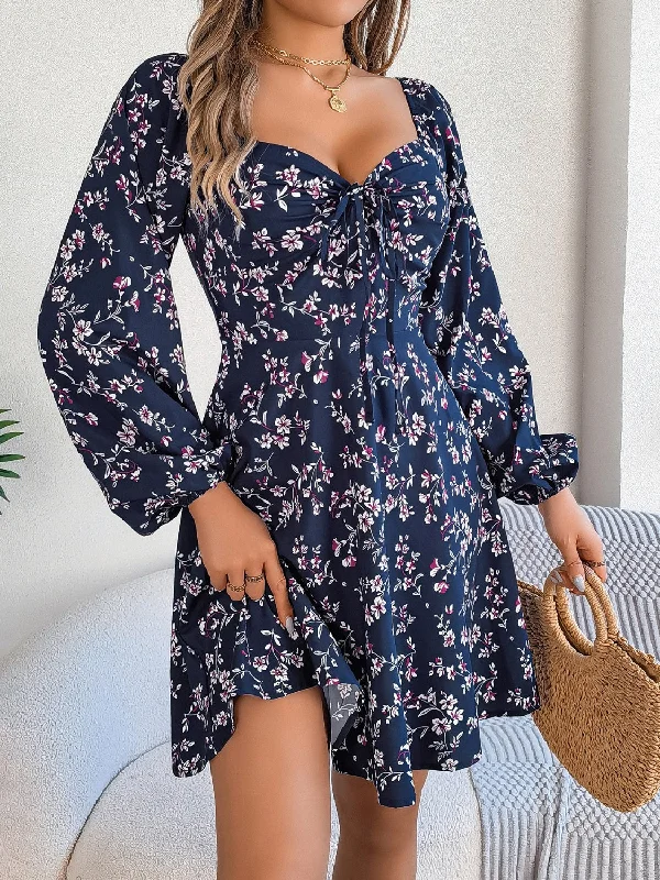 Blue Zone Planet |  Printed Sweetheart Neck Balloon Sleeve Mini Dress