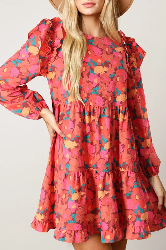 Blue Zone Planet |  Rose Red Ruffle Shoulder Long Sleeve Floral Mini Dress