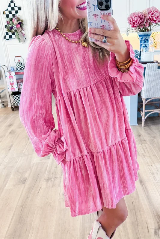 Blue Zone Planet |  Strawberry Pink Flounce Sleeve Tiered Ruffled Velvet Mini Dress