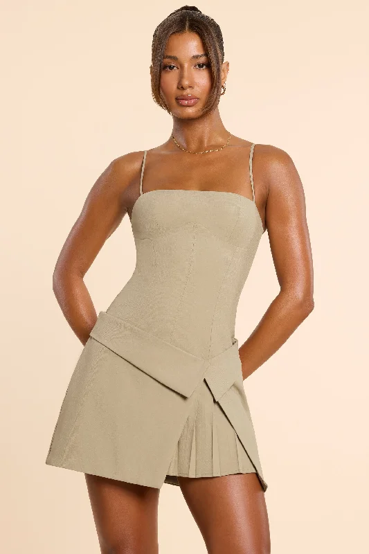 Woven Twill Wrap Over Pleated Mini Dress in Taupe Fashionable Party Mini Dress