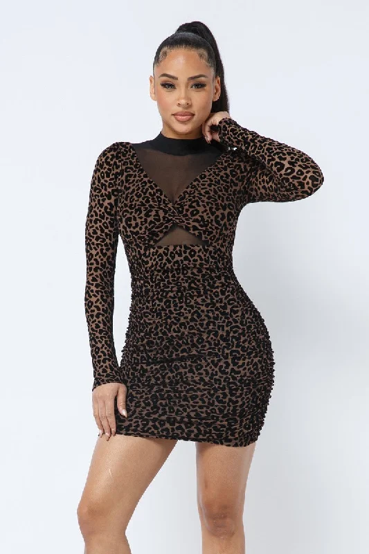 Animal Print Long Sleeve Mock Neck Mini Dress Chic Sleeveless Mini Dress