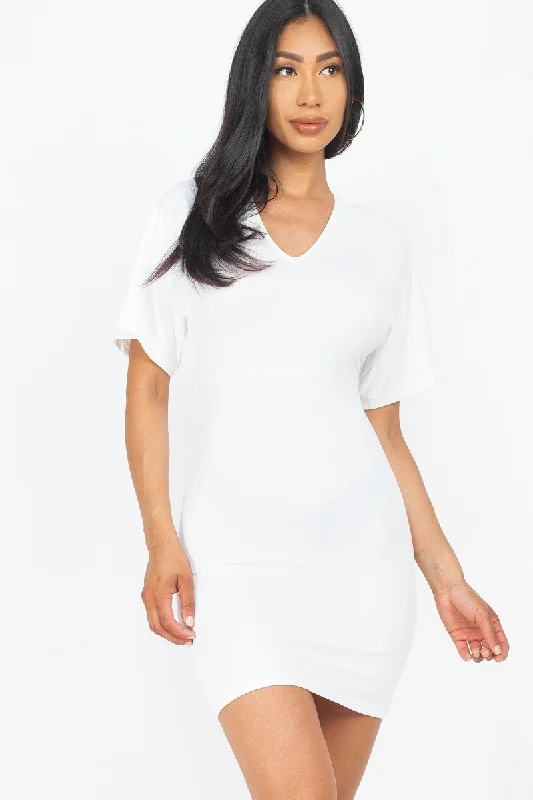 Dolman Sleeves Solid Mini Dress Chic Mini Dress with V-Neck