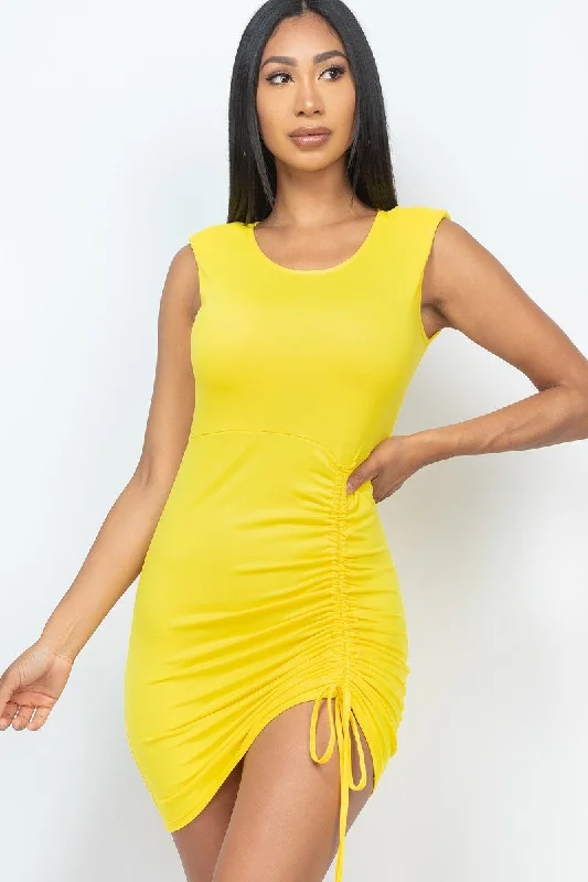 Sleeveless Shoulder Pad Drawstring Ruched Mini Dress Elegant Mini Dress with Ruffles