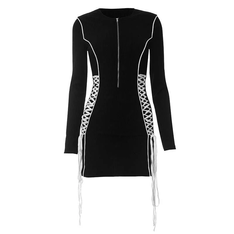 Crewneck long sleeve zip-up lace up contrast mini dress Stylish Short-Sleeve Mini Dress