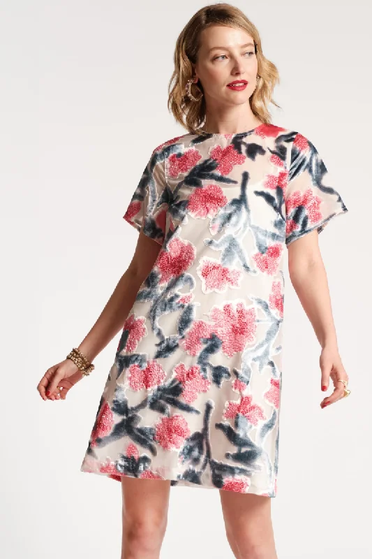 Frances Valentine Altman Mini Dress Flocked Velvet Pink Multi Stylish Puff Sleeve Mini Dress