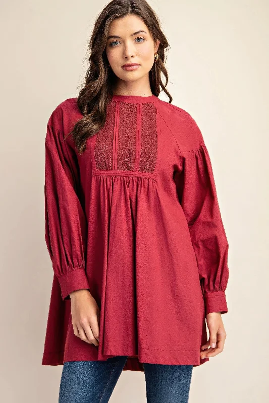 Long sleeve mini dress with lace detail Fashionable Mini Dress with Pockets