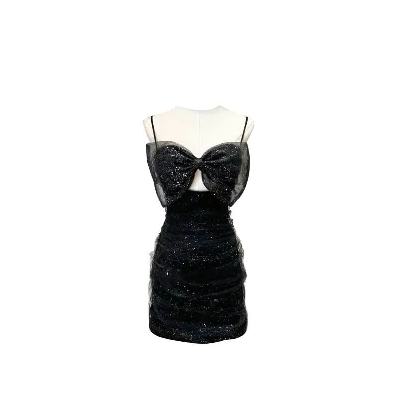 Glitter bowknot hollow out backless cami cut out mini dress Cozy Jersey Mini Dress