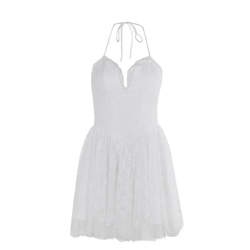 Halter lace up stitch lace backless mini dress Fashionable Mini Dress with Frills