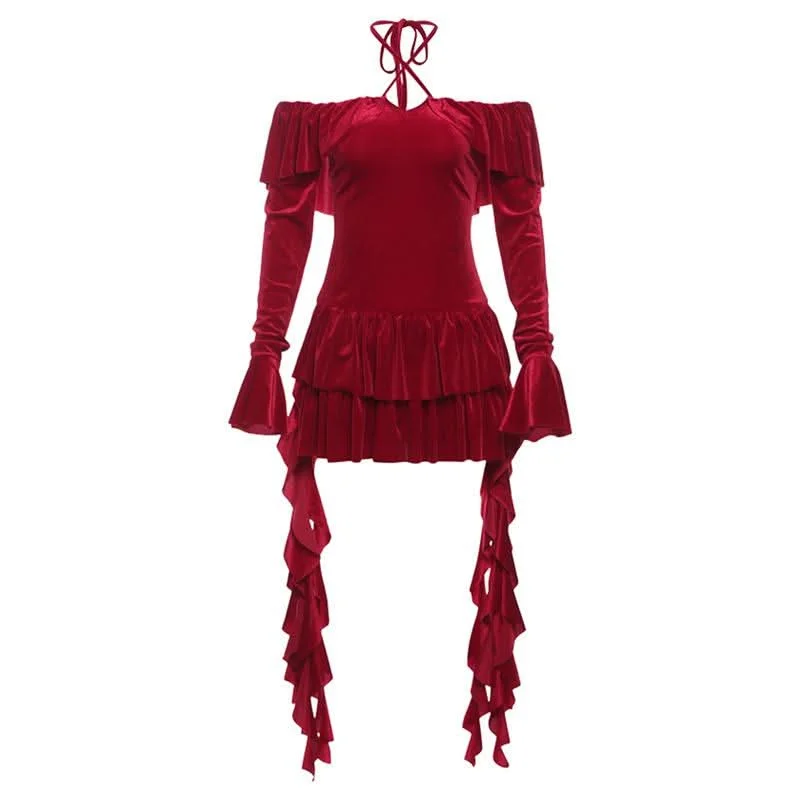 Halter long sleeve off shoulder velvet mini dress Chic Sleeveless Mini Dress