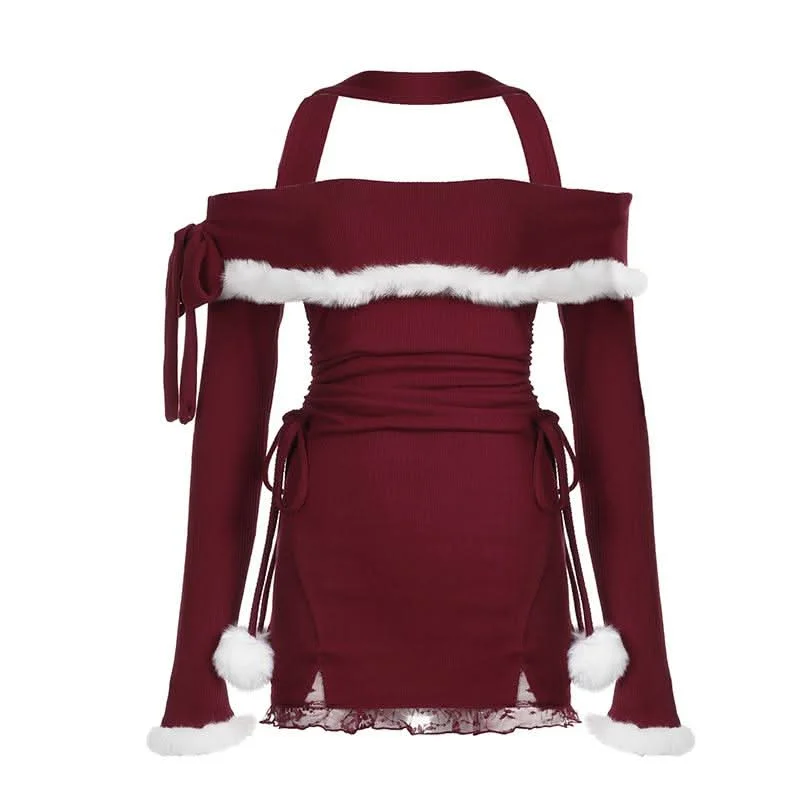 Halter off shoulder long sleeve fluffy self tie mini dress Chic Bohemian Mini Dress
