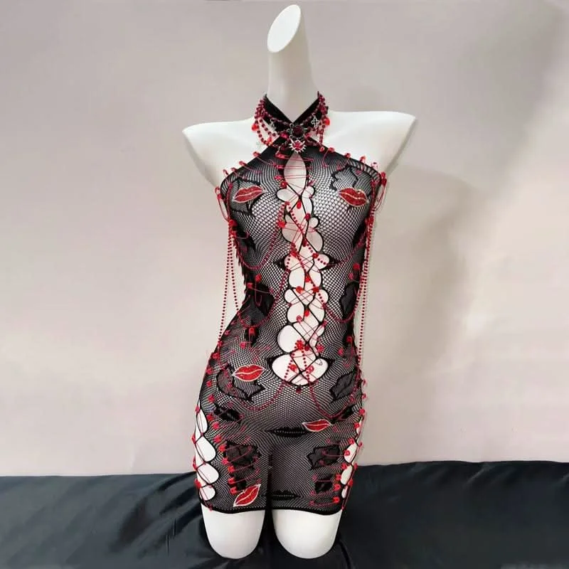 Hollow out fishnet see through lip print cut out mini dress Classic Solid Mini Dress