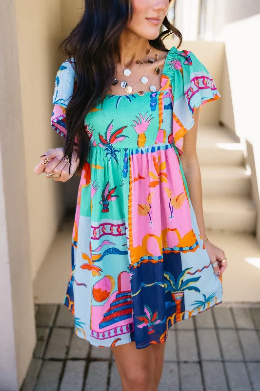 Lana Mini Dress - Blue/Multi Stylish Short-Sleeve Mini Dress