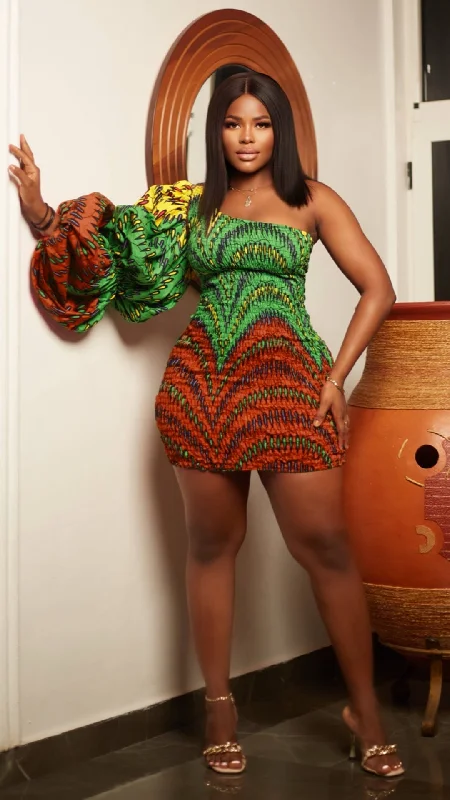 Khadijah African Print One Shoulder Mini Dress Cozy Sweater Mini Dress
