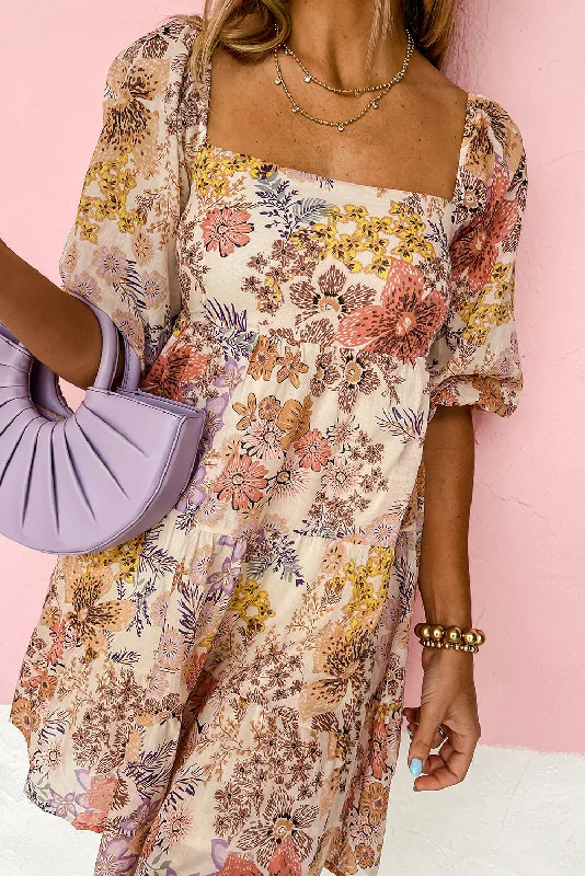 Khaki Floral Puff Sleeve Square Neck Tiered Mini Dress Comfortable Ruffle Mini Dress Khaki Floral Puff Sleeve Square Neck Tiered Mini Dress Comfortable Ruffle Mini Dress