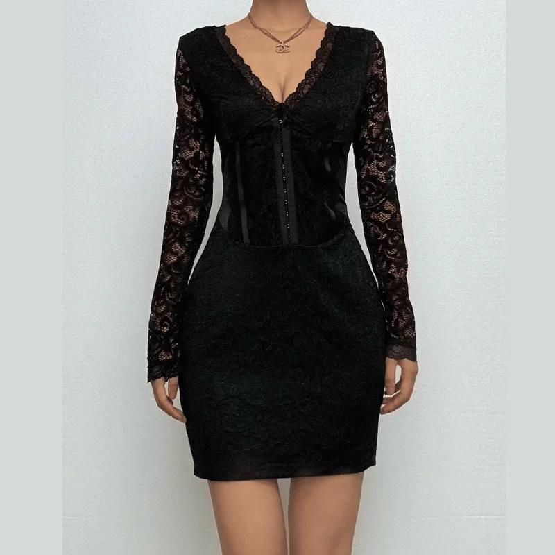 Long sleeve button bustier lace mini dress Stylish Puff Sleeve Mini Dress