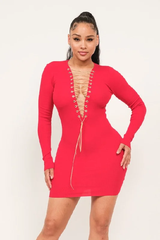 Long Sleeve Chain Laceup Mini Dress