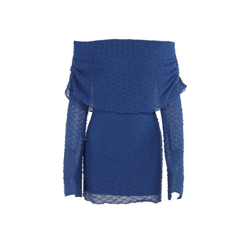 Long sleeve off shoulder knitted embroidery mini dress Trendy Mesh Mini Dress