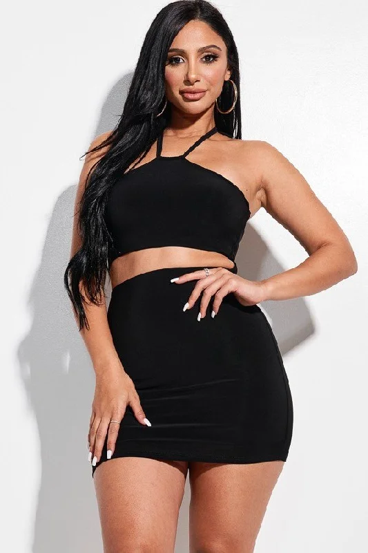 Solid Knit Double Layered Halter Neck Mini Dress With Front Cut Out Elegant Satin Mini Dress