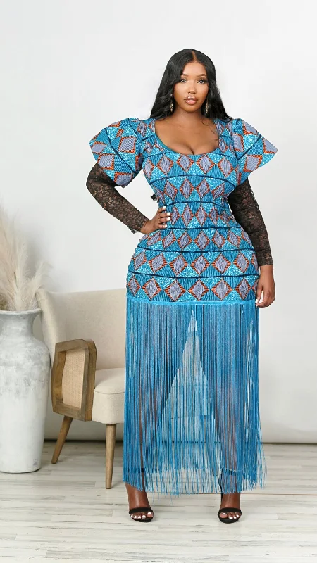 Neema African Print Fringe Mini Dress Cozy T-Shirt Mini Dress