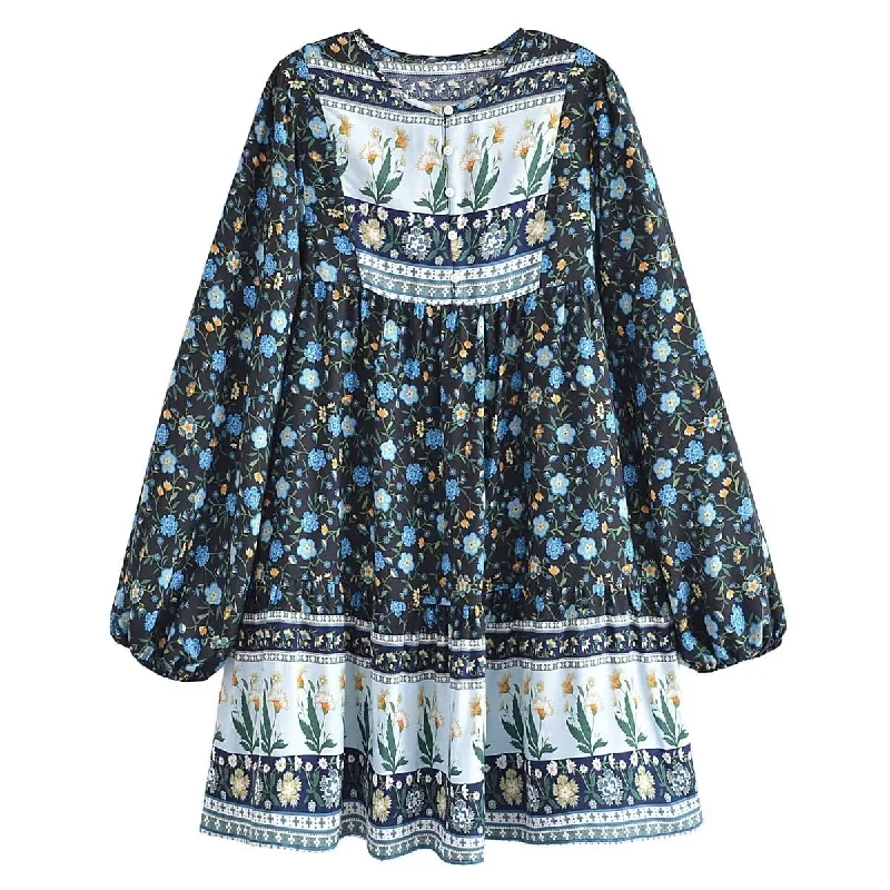 Noa Long Sleeve Boho Mini Dress Trendy Floral Mini Dress