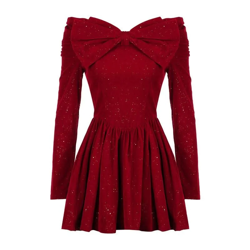 Off shoulder long sleeve beaded bowknot mini dress Trendy Bodycon Mini Dress