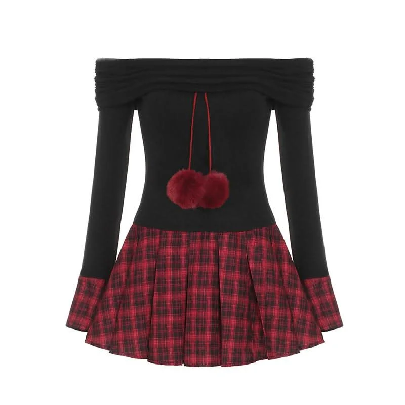 Off shoulder long sleeve plaid fluffy mini dress Trendy Wraparound Mini Dress
