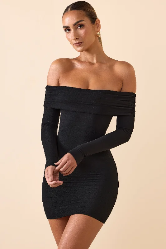 Modal Off-Shoulder Mini Dress in Black Trendy Off-Shoulder Dress Mini