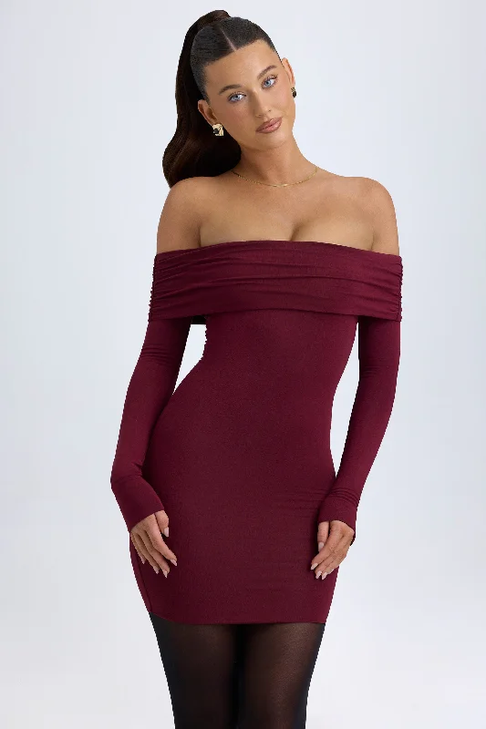 Modal Off-Shoulder Mini Dress in Wine Red Fashionable Mini Dress with Frills