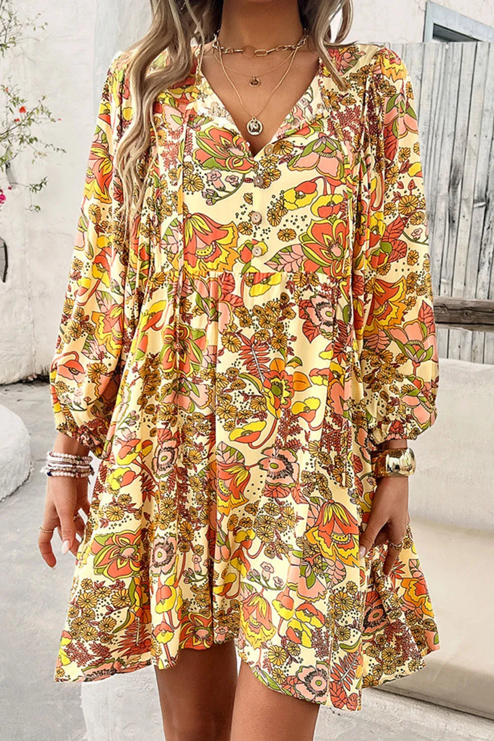 Printed Tie Neck Balloon Sleeve Mini Dress Comfortable Fit-and-Flare Mini Dress
