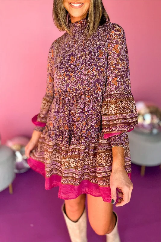 Purple Floral Print Smocked Puff Sleeve High Neck Mini Dress Trendy Denim Mini Dress Purple Floral Print Smocked Puff Sleeve High Neck Mini Dress Trendy Denim Mini Dress