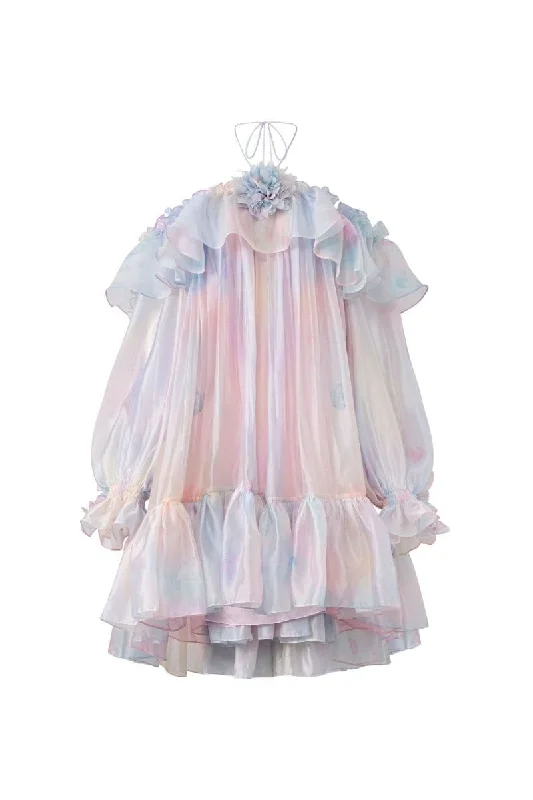 RAINBOW SOPHIE SHINY SILK OFF SHOULDER MINI DRESS