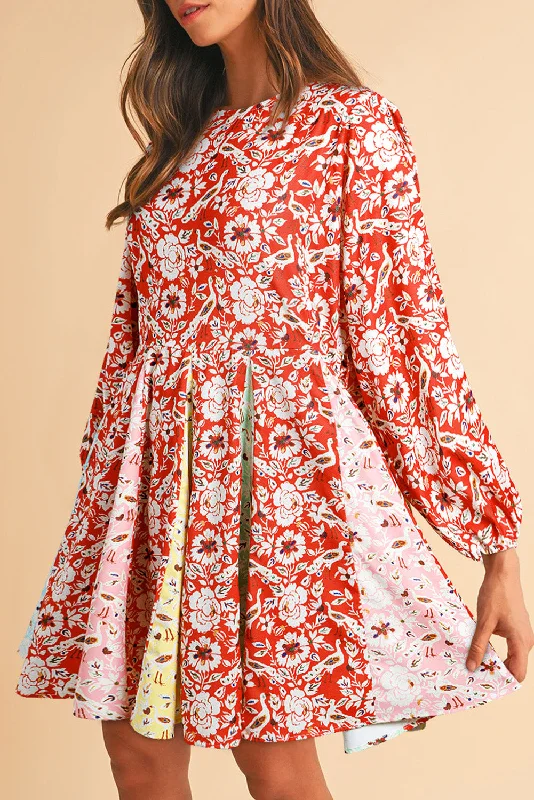 Blue Zone Planet |  Red Colorful Floral Patchwork Long Sleeve Pleated Mini Dress