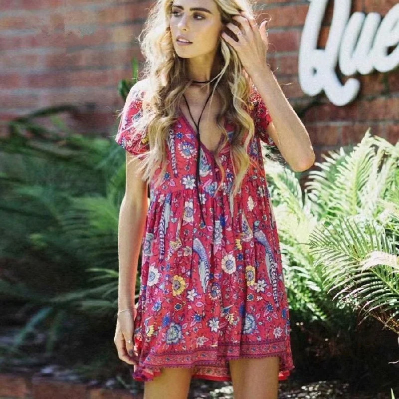 Red Peacock Mini Dress, Boho Dress