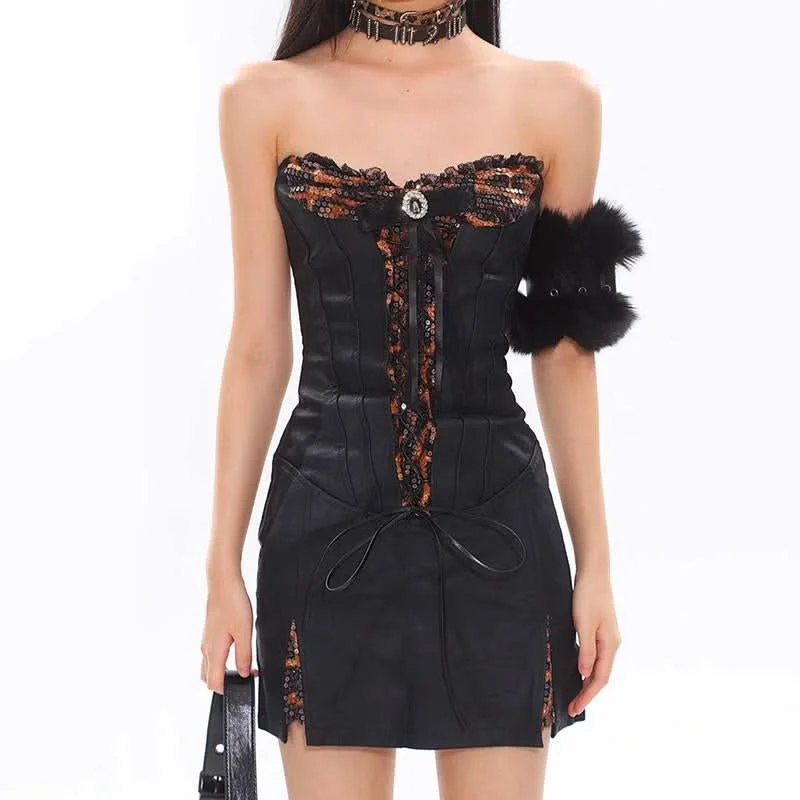 Ruffle slit PU leather lace up leopard print mini dress Cozy Cotton Mini Dress