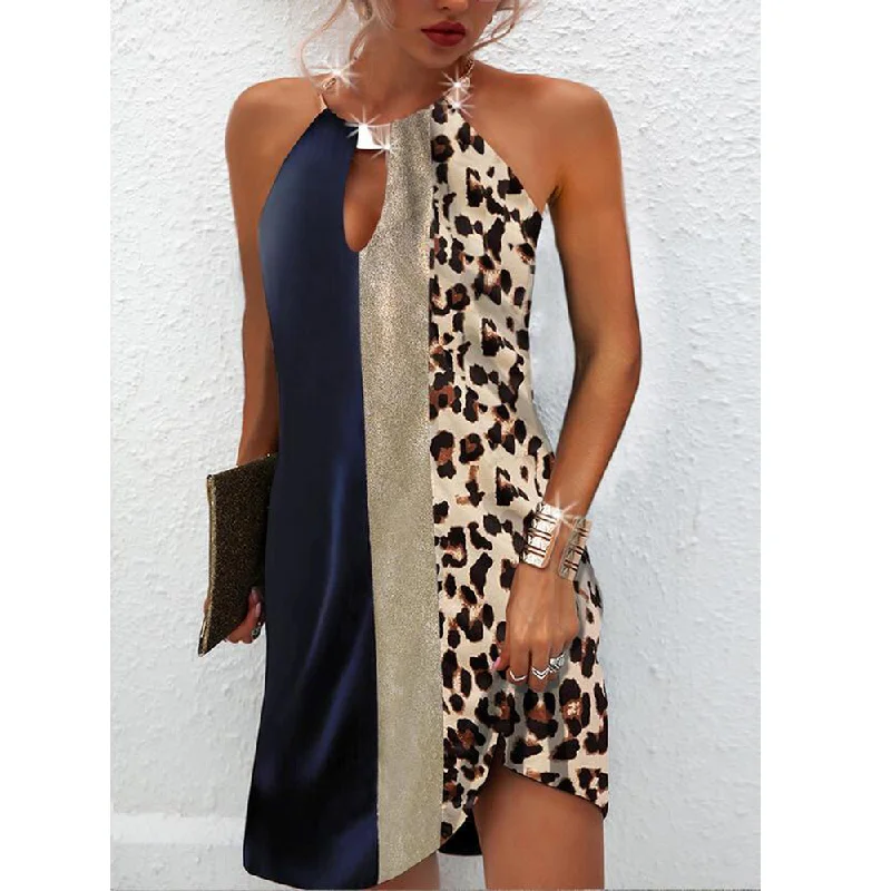 Sexy Women Leopard Backless Halter Mini Dresses