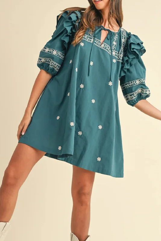 Blue Zone Planet |  Skobeloff Boho Floral Puff Sleeve Tie Neck Mini Dress