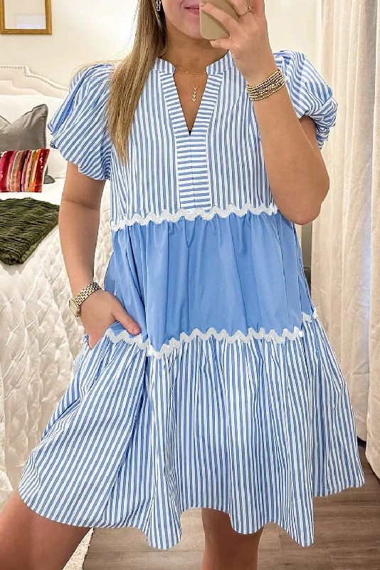 Sky Blue Striped Patchwork Puff Sleeve Pocketed Mini Dress Comfortable Bodycon Mini Dress Sky Blue Striped Patchwork Puff Sleeve Pocketed Mini Dress Comfortable Bodycon Mini Dress