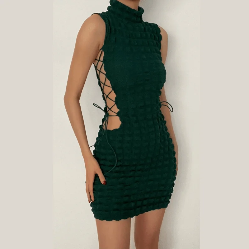 Sleeveless high neck lace up side mini dress