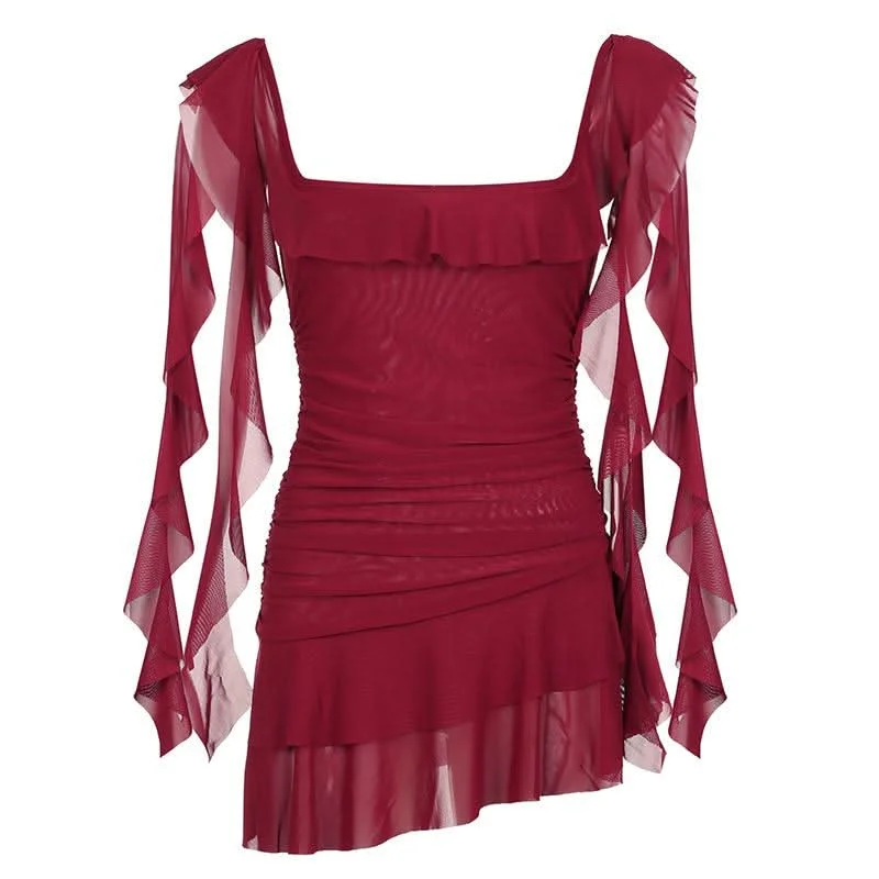 Square neck ruffle mesh ruched cami mini dress Cozy Long Sleeve Mini Dress