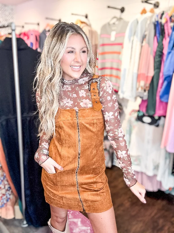 Step Into Style Camel Suede Buckle Mini Dress With Mesh Top Modern Satin Mini Dress
