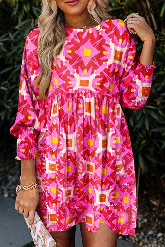 Blue Zone Planet |  Strawberry Pink Geometric Print Smocked Long Sleeve Mini Dress