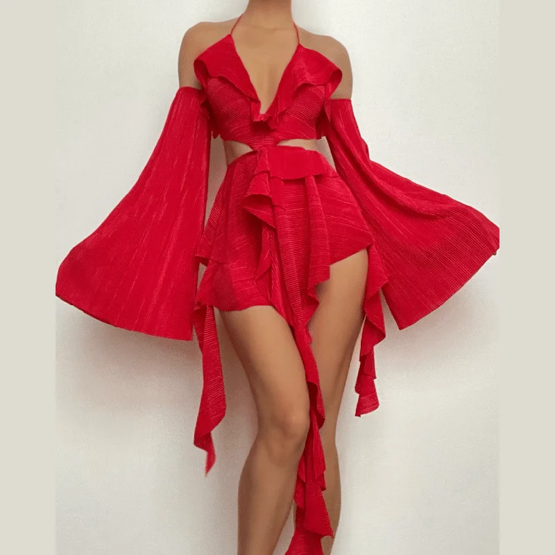 Textured gloves ruffle solid hollow out halter backless cut out mini dress