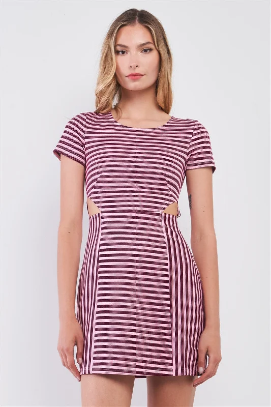 Pink & Black Striped Short Sleeve Cut-out Detail Tight Fit Mini Dress Stylish Plaid Mini Dress