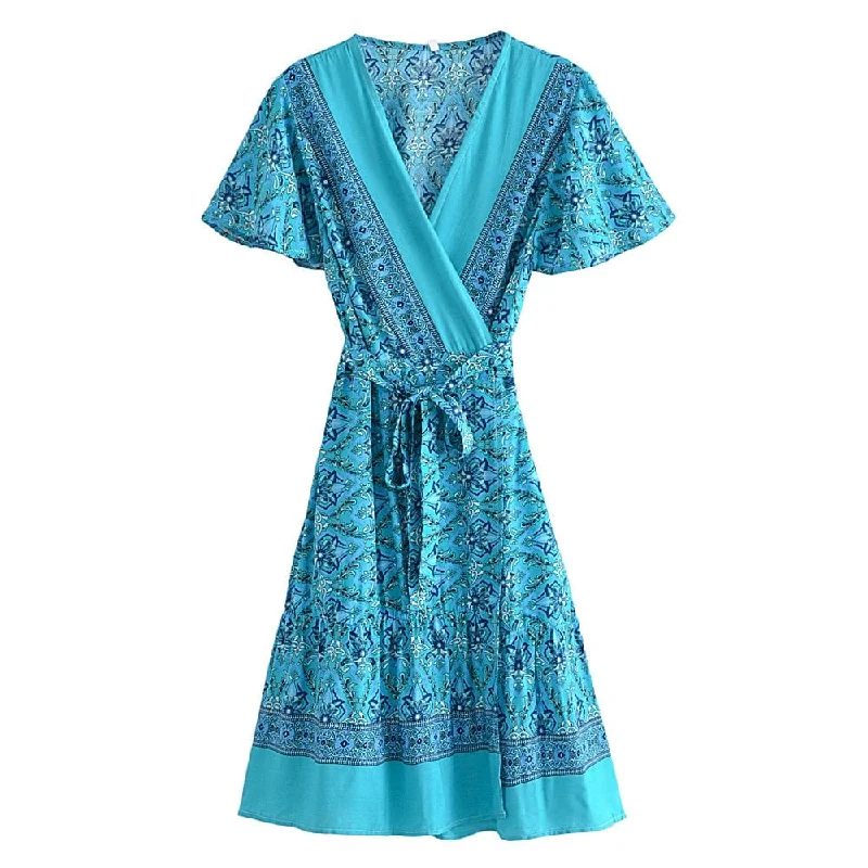Turquoise Dreams Wrap Mini Dress Comfortable Fit-and-Flare Mini Dress